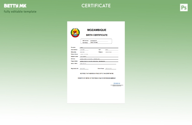 модерен стил Мозамбик извод од матична книга на родени Шаблон за Word и PDF